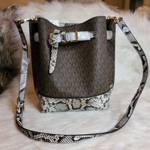 Michael Kors Emilia Small Signature Leather Snakeskin Print Bucket Bag Natural